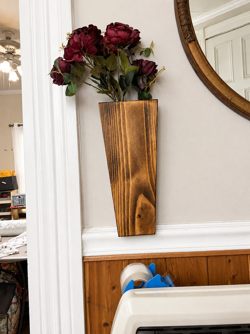 wooden wall sconce for faux flowers | handcrafted wooden wall décor | rustic flower wall holder | farmhouse wooden wall accent | wooden wall vase for artificial flowers | decorative wooden floral display | natural wood wall decoration | wooden greenery wall holder | wall-mounted wooden flower sconce | rustic home wall décor